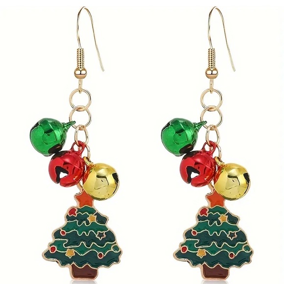 Christmas Tree with Bells Holiday Dangle Earrings - Picture 1 of 3